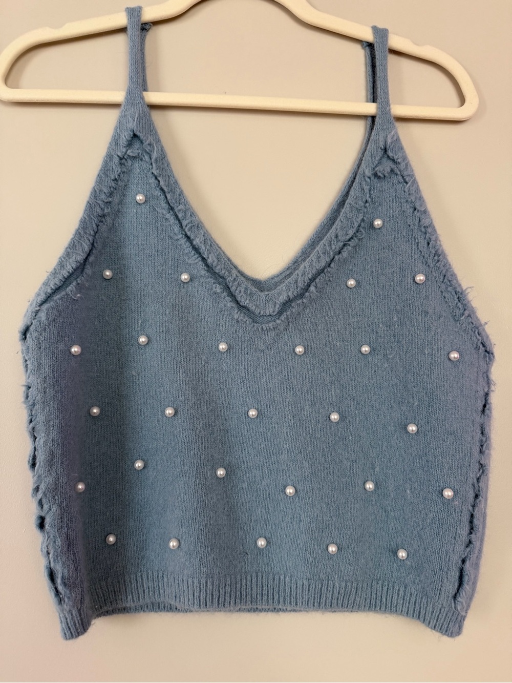 Pearl-Embellished Blue Knit Tank Top